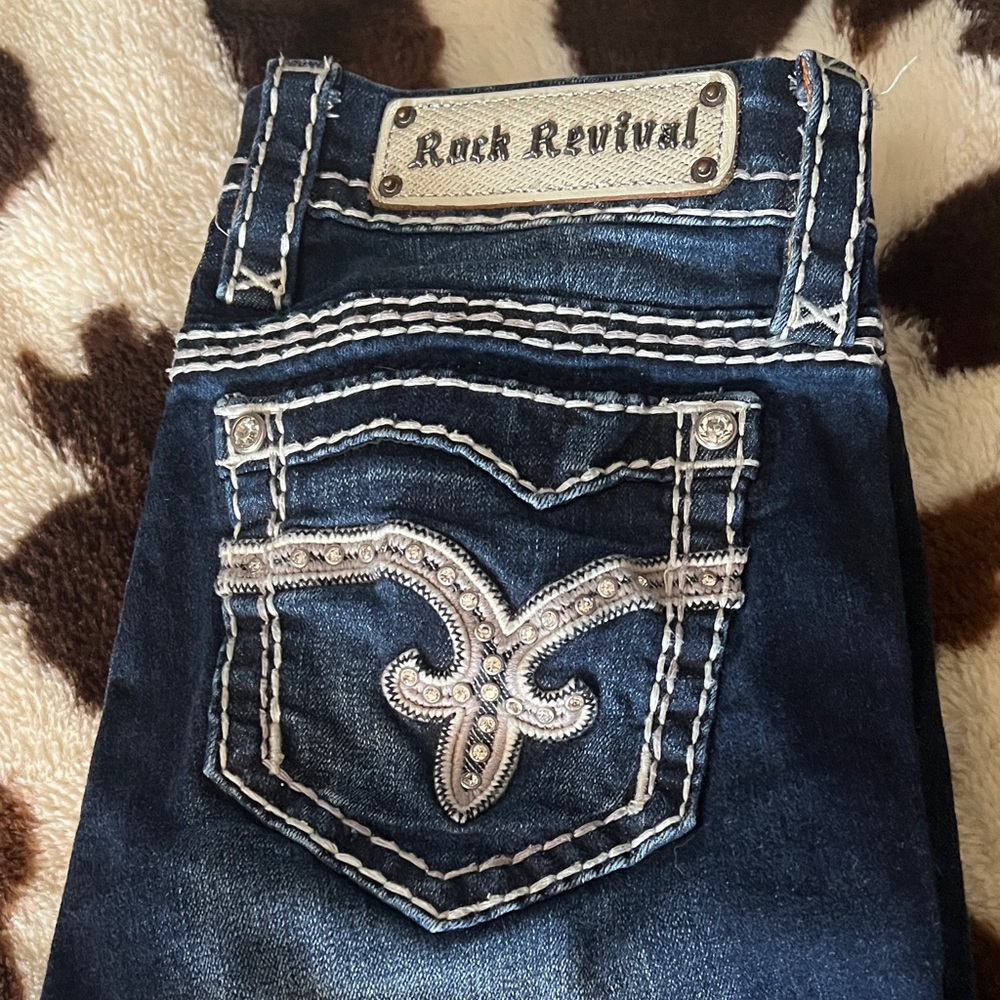 Rock Revival Dark Blue Jeans with White Stitching